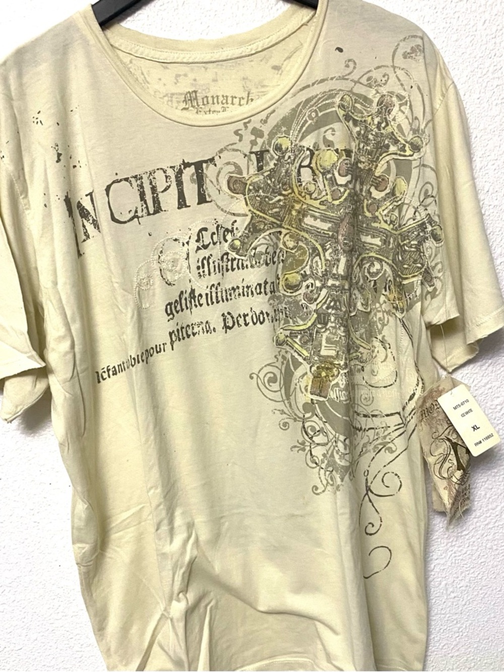 Vintage Monarchy Raw Edged Overstitched  And Embroidered T Shirt Sz XL
